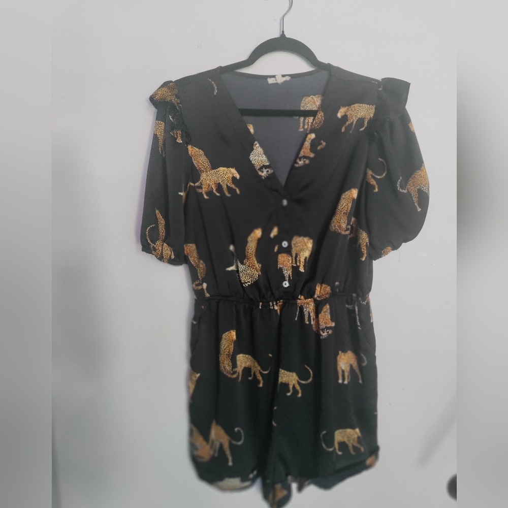 Animal print, ruffled, nylon romper with pockets